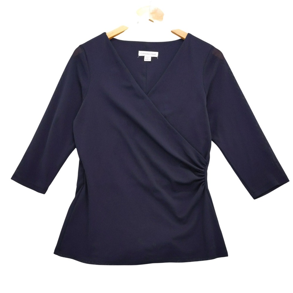Coldwater Creek Mesh Top Medium M 3/4 Sleeve Surplice Ruched